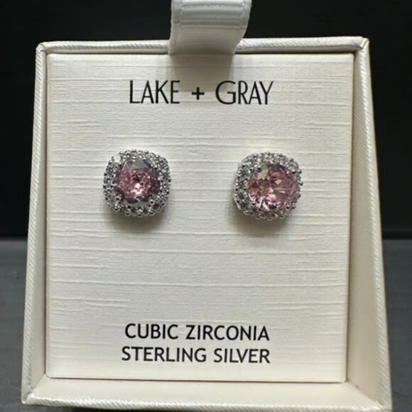 Lake + Gray Sterling Silver CZ Cubic Zirconia Pink Stud Earrings New - Picture 1 of 3